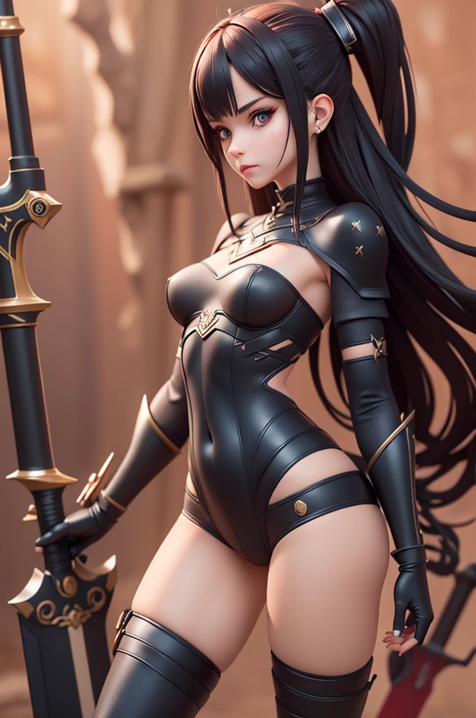 (ultra high quality 8k),I want to put together a girls naked character wearing a black outfit, with a dark tone, and who is holding a sickle in his right hand with the initials EM on it.face, face Detailed