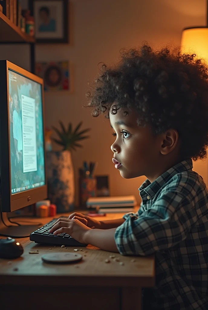 A kid who sitting on a chair and table and computer front and tolking front of camera with a plain full body