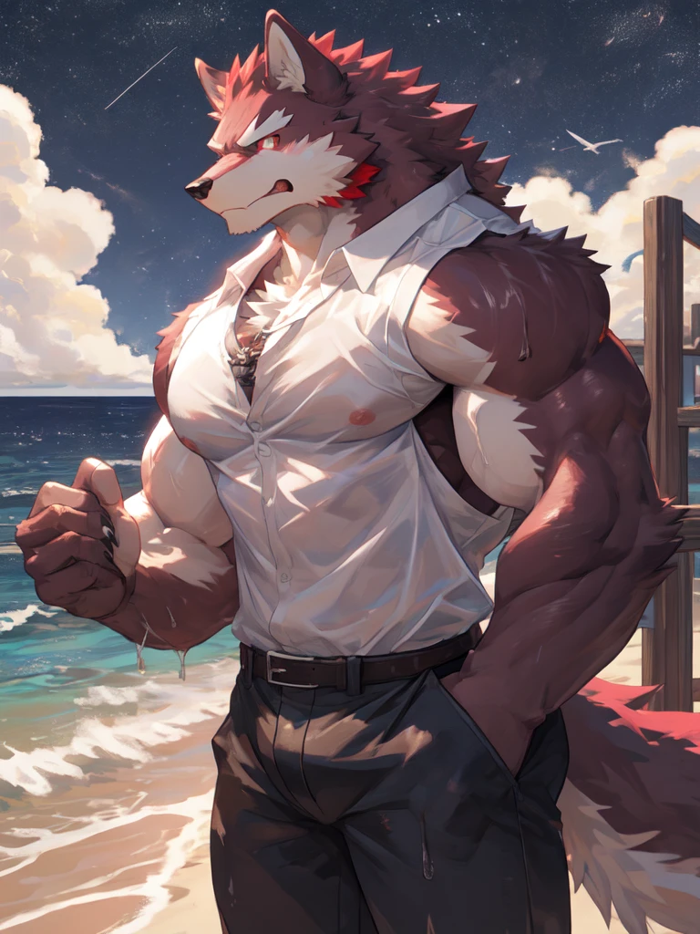 Diederich, male, wolf, red mullet hairdo, wearing black pants, buff, big bulge, hd 8k