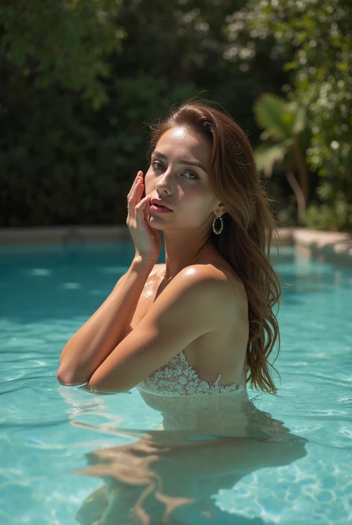 hyper realistic, Romantic Rosette dress2, fashi-girl,red lips,mature female,makeup, makeup, ((cowboy shot)), (best quality, masterpiece:1.2), ultra-detailed, (realistic:1.37), beautiful, youthful, glamorous model with (detailed eyes, detailed lips, extremely detailed eyes), with white and floral colors, showcasing a radiant smile, slender figure, long legs, creating a breathtaking depiction of a woman enjoying the water, wet clothes and hair, radiant sunlight, Elegant pose, random pose, random Angle of view, Splashing in the pool