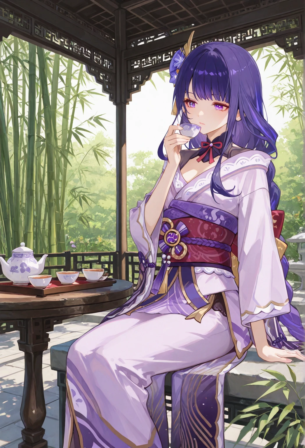 1 girl、Mature、Ample breasts、Purple Hair、Bun Hair、Chinese clothing、Miniskirt、Thighs、Like an idol、No sleeve、Tassel earrings、tattoo on upper arm、smile、Teenage Girls、sit、With juice、Joyful、High resolution、highest quality