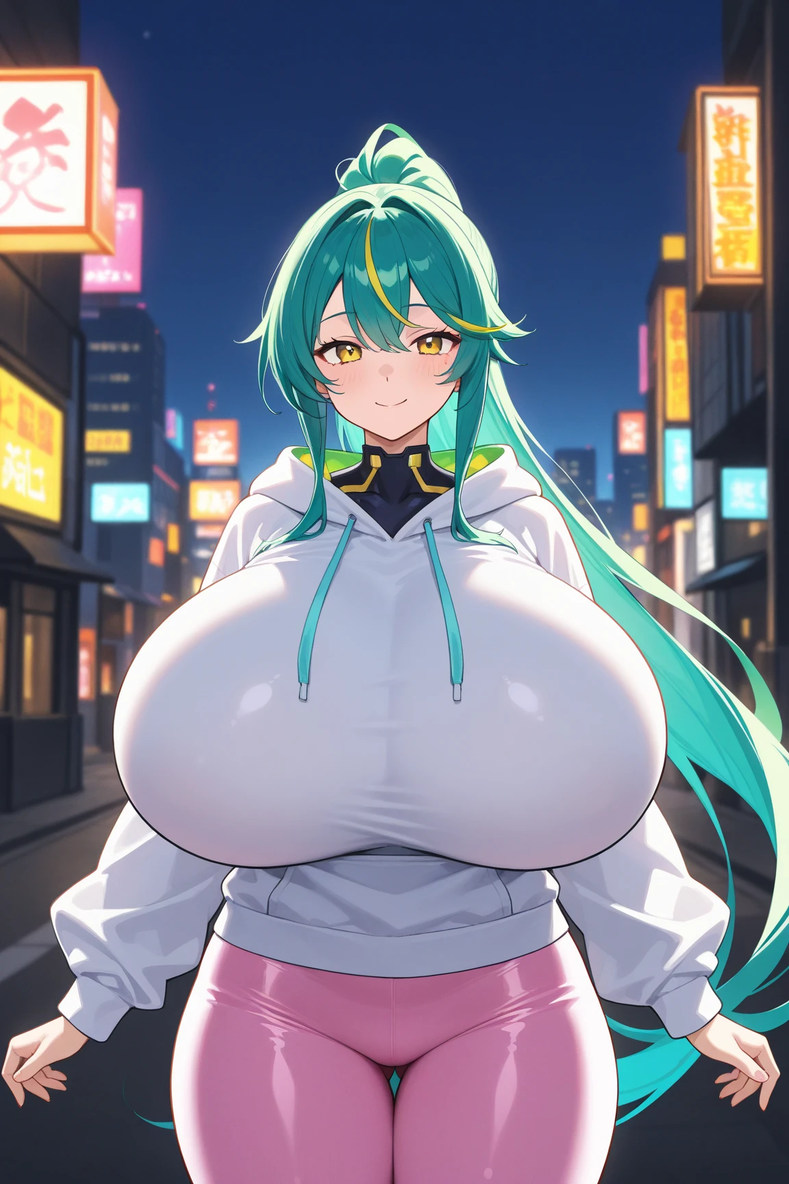 1girl, juvia lockser (((bimbo))),hoop earrings, puffy lips, painted lips, thick lips. 
, wide hips, thick thighs, bursting breasts Nightlife, Night city, Cyberpunk city, futuristic cityscape. Neon lights, (skyscraper:1.1), Tokyo tower, palm tree, cloth sign, ramen stall, night club. bright city lights, exotic car. alcohol, bar, ramen, soup stall ,alcohol bottles, flashing her tits