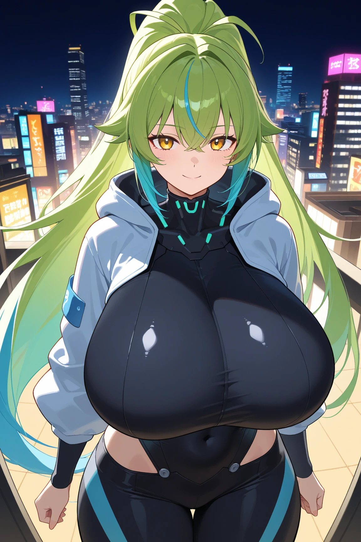 masterpiece, best quality, extremely detailed, 1girl, mature female, solo, remia, (huge breasts:1.4), (((green hair, long hair, blue eyes, head fins))), parted lips, (((outfit-blackgh, black gloves))), ((blush, light smile), closed mouth), ((hands on own hips, dystopian city, dark sky, storm clouds))
