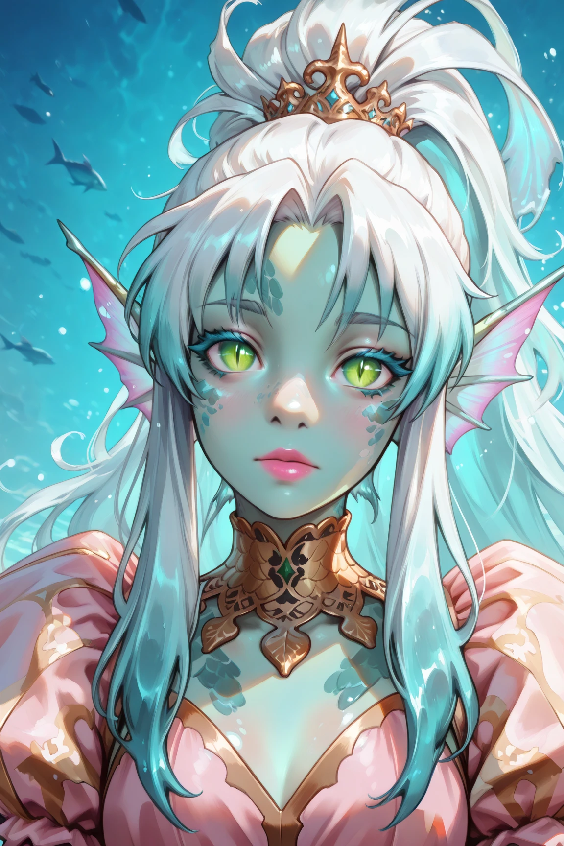(best quality, masterpiece), 1 mermaid girl, upper body, cute girl, under the sea, (white long hair), deep dark blue eyes, smile