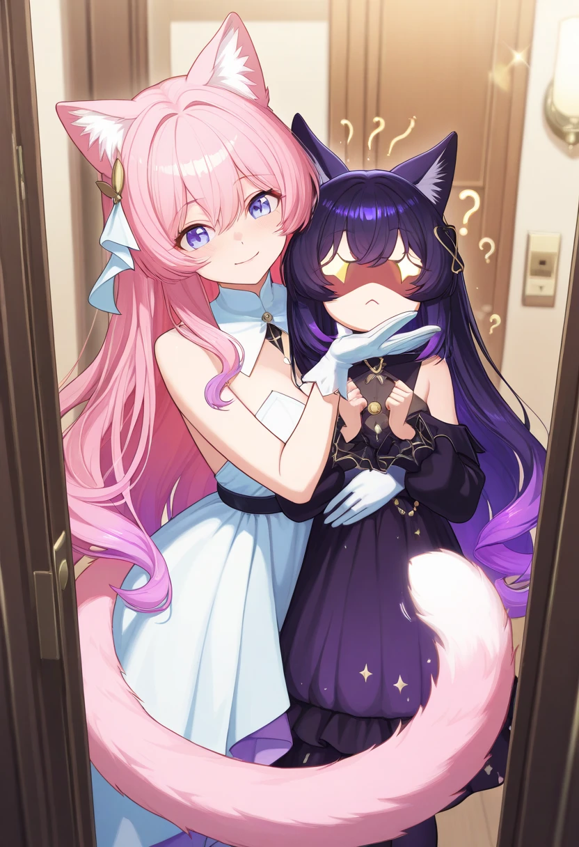 A goddess with her wife.
Astraphelina - A tall goddess with long orange hair, green eyes, dark blue antlers, dark blue deer tail, dark blue broken wings. Wears jeans and fitted hoody
Lunarlight - A short goddess with long brown hair, silver eyes, white cat tail and white cat ears on head. Wears oversized hoody and jeans.
They share a passionate love for one another through a kiss. 