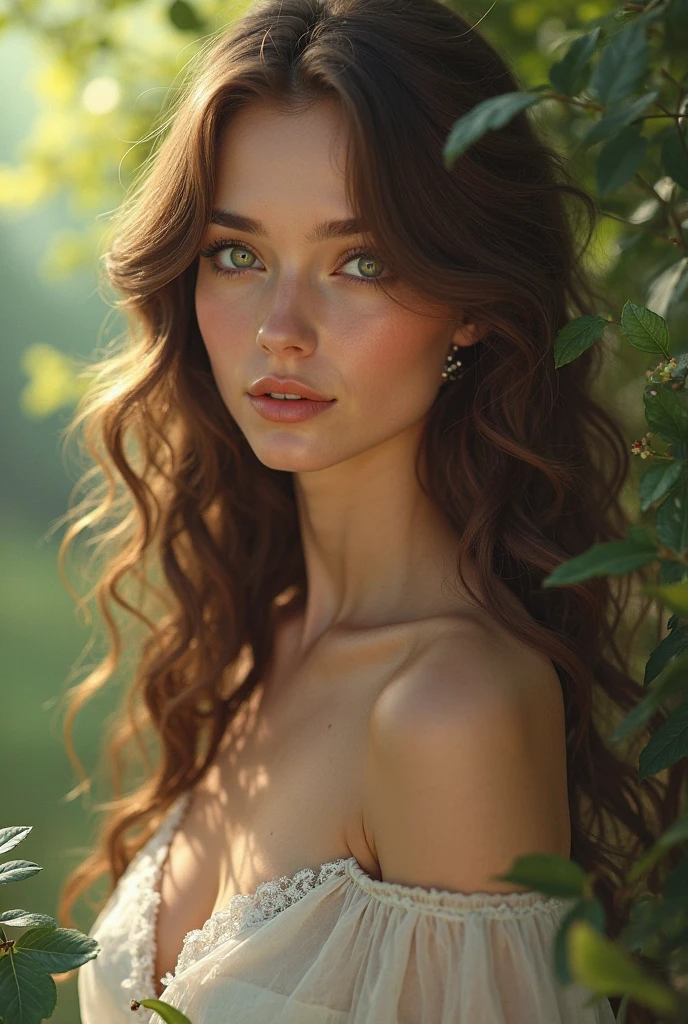 European photo model, easy smile, fine body, skin moles, (the wind develops the hair:1.4),
The lace negligee, looking at camera, (shade of leaves:1.2), professional studio, (natural skin texture, hyperrealism, soft light, sharp:1.2)