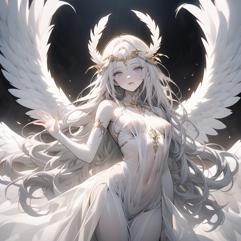 realistic photo, best quality possible, albino angel woman, she has no eyebrows, red lips, wears all white clothes, skin-tight, covers from head to toe, energetic halo over the character's head, has no hair, completely white eyes, wings energetic like an angel, she floats in a totally white lit room
