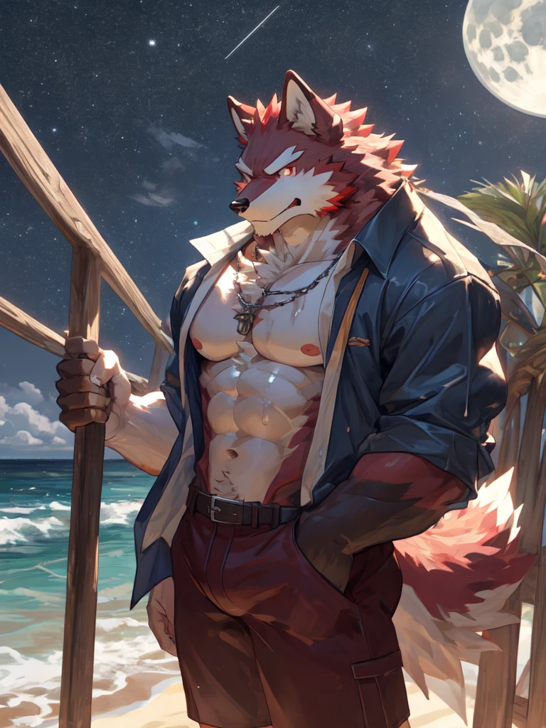 A wolf beastman in an open kimono posing sexy by a bright waterside
