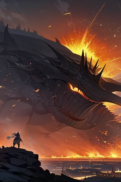 A very detailed painting,Depicts a man have a weapon on a hill gazing at a giant alien monster flame breath, author:Shinkai Makoto, By Art Jem, From Wlop, author:Greg Rutkowski, Volumetric Lighting, Octane Rendering, 4K resolution, Popular on artstation, masterpiece ,wind magic