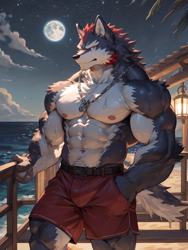 embedding:black wolf, male,purple eyes,Scar on the face, scar on the body,Single Person,A swimsuit,Beach Pants,Mature, The highest quality of scene detail,adult,Tall and powerful,muscle,Best quality hands, best quality eye,detailed fur,Delicate eyes.Extreme picture quality,by sollyz,by zixiong,by milkytiger1145