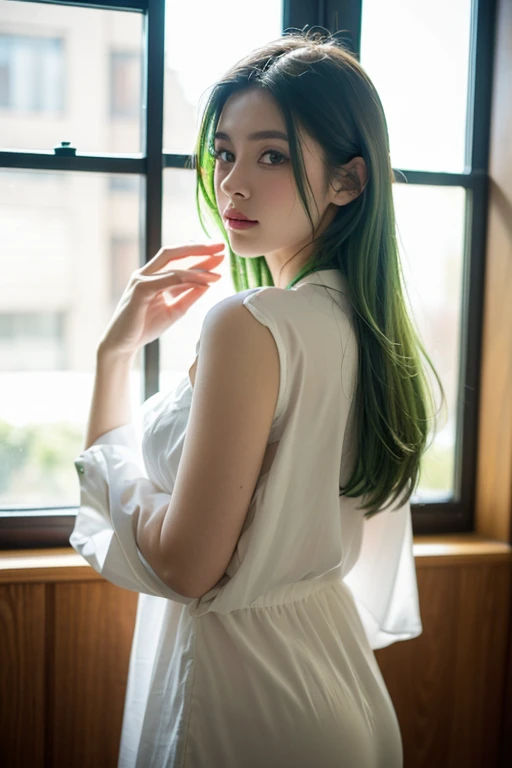 21yo girl, green hair, bob Hair. (Wearing white oversize tshirt, show shoulders), cleavage, natural big breast, show big thigh, plump body, sitting on the bed. Dark background. Voncrete background. Magenta Polaroid. Retro. the walls are covered with retro posters. Flash light
_
