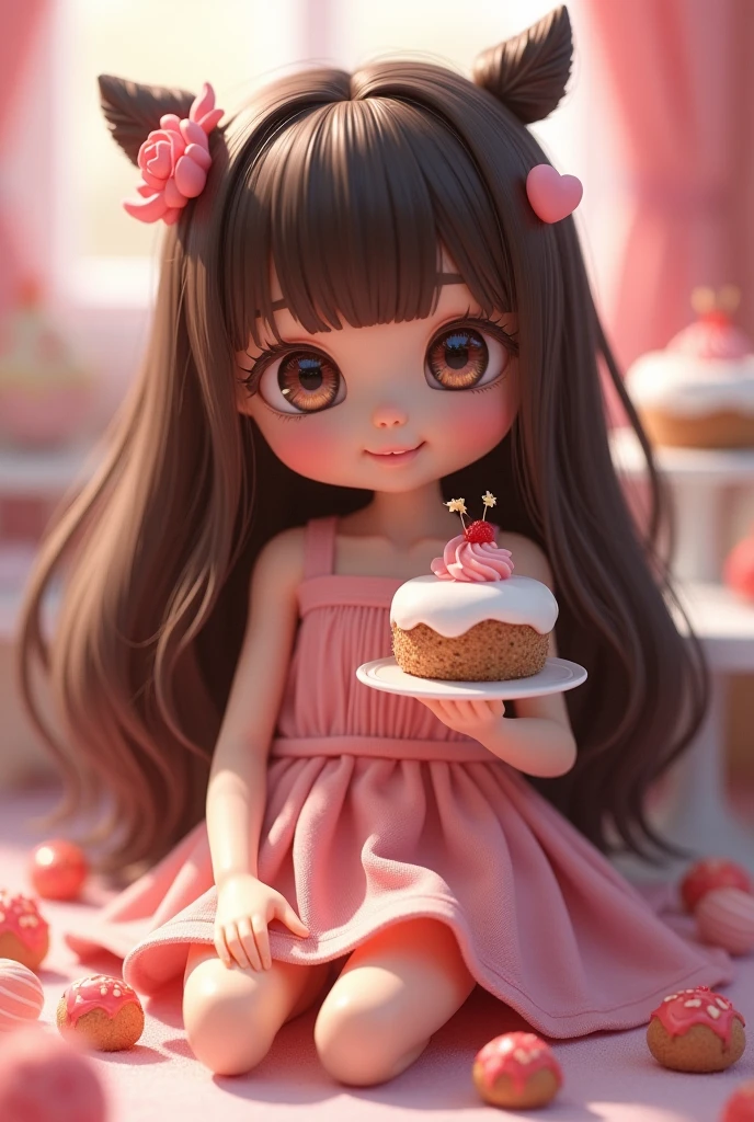 Best picture quality, detailed eyes, long eyelashes, a delicious looking parfait full of strawberries and chocolate in a tall glass on the table, a young 5 girl laughing and eating parfait, happy smile, best smile, very pretty girl, long chestnut hair, amazingly very large round shining eyes, hydrangeas blooming outside the window,