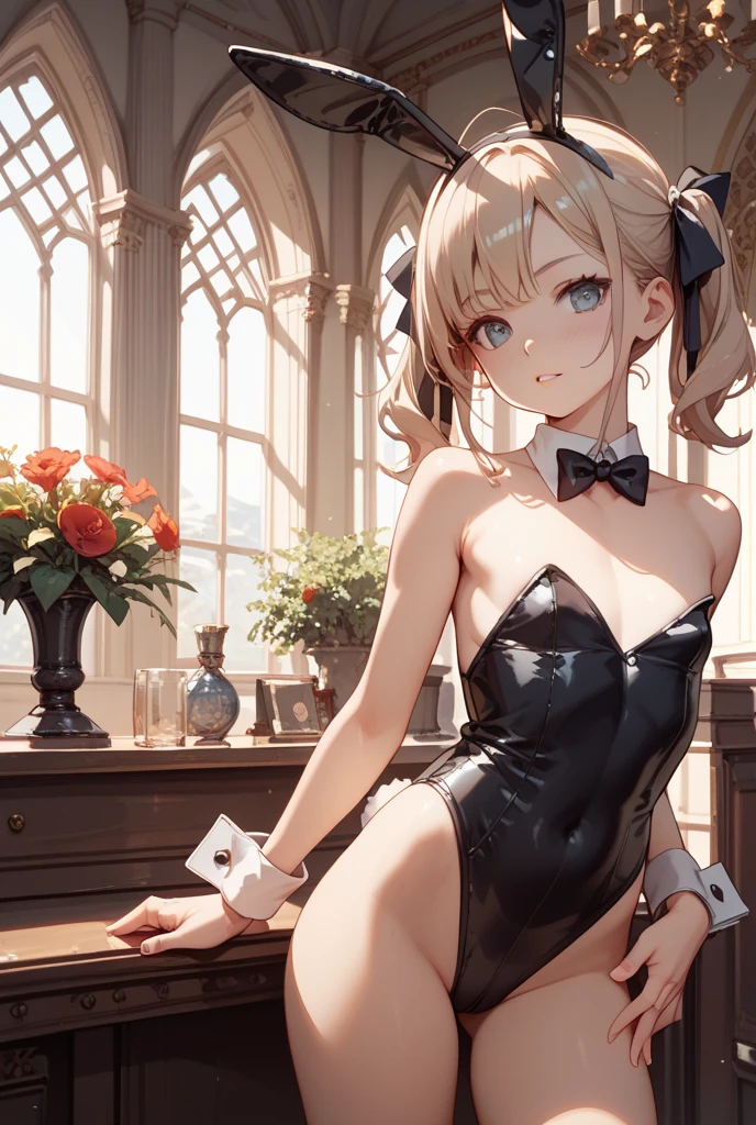 ((Masterpiece)), (Anime:1.3), ((best quality)), (RAW photo:1.2), (High Definition:1.3), (Professional Photography:1.2), (12 years old), (super detailed), 1girl, solo, slim body, look at viewer, (playboy_bunny:1.3), clear face, blunt bangs, messy hair, medium hair, blonde hair, bob cut, blush, shame smile, open mouth, (waving hand), (in purple Wisteria blooming wildly), (good fingers:1.5),