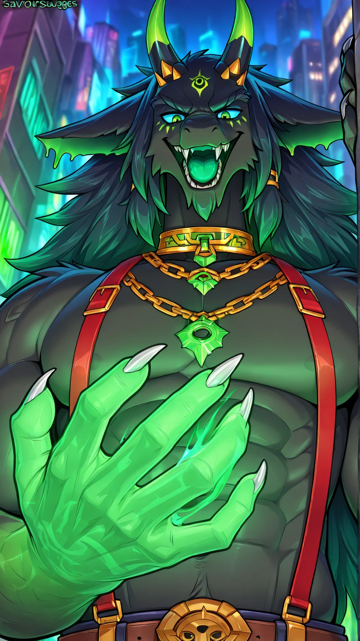 reptile, by savourysausages, by plushtrapboyuwu, masterpiece, furry, perfect anatomy, perfect body part proportionate, detailed picture, 1male, beefy strong, anthro, giant tail, big laugh, happy face, open mouth, sharp eyes, extra beefy muscle body, body, thick large body, seductive aura attraction, two black horns, male, texture scales, (golden collar, belt suspenders, open chest, headgear:1.25), ((sexy harness)), (thick bicep, horns, long arms, white claws), (blue sclera, green eyes:1), eyes detail, shaded, shadow, (Midnight, City background), (green heartless blob, Evil, possessed:1.3), (perfect high light), hip hop hand gesture, masterpiece, scalie, rauru totk, glowing hand, gold chain necklace, (by savourysausages:1.7), detail background, low angle view, shadow fluorescent perspective, closed up view, ((closed view, bust portrait, perfect shot, attention to detail)), contrasting ((Anime_style)), BREAK score_9_up,score_8_up,score_7_up,score_6_up,score_5_up,score_4_up