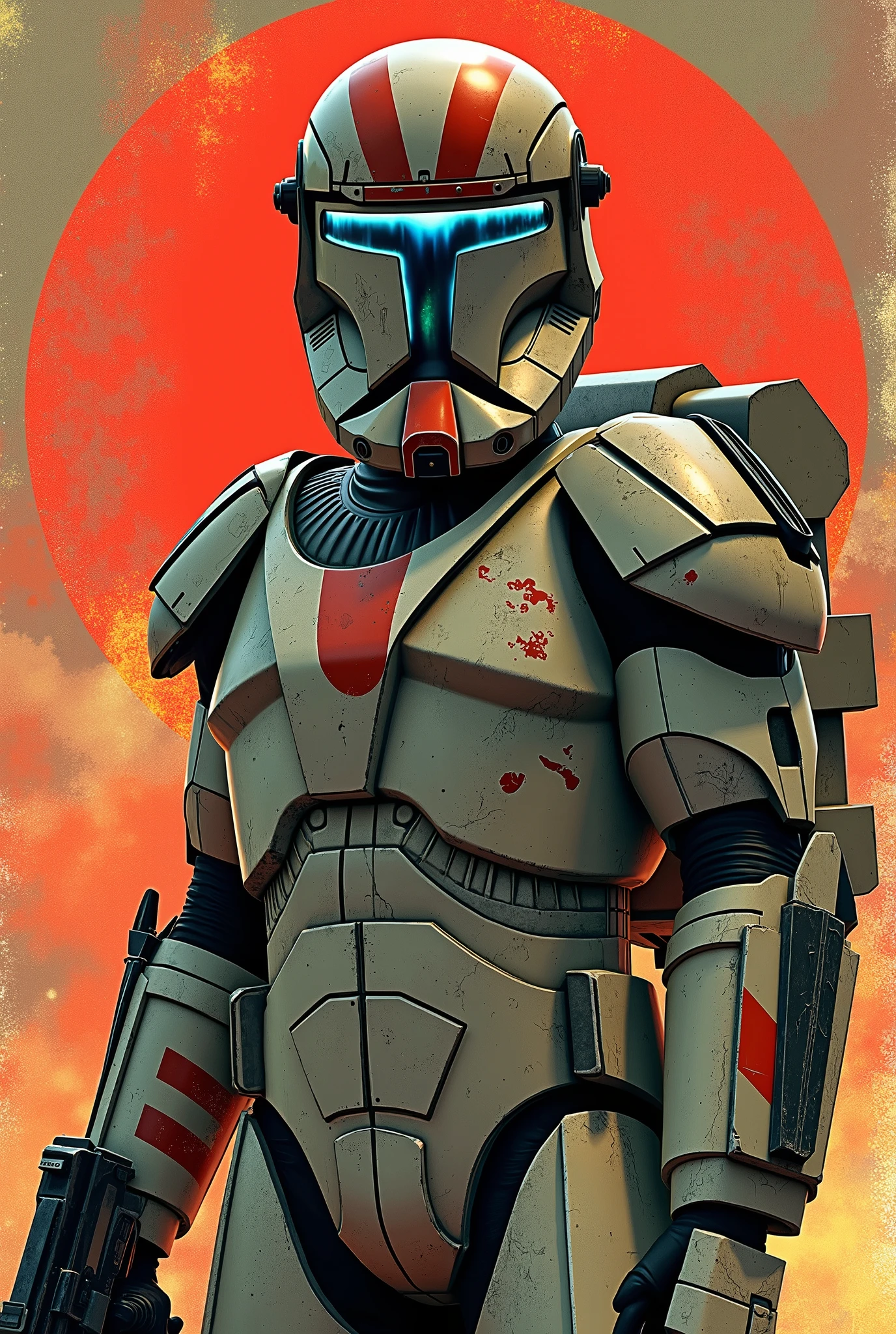 Star Wars Character, Homem, Clone Commando, Pistola Blaster no Coldre, 70's comics art style, pose imponente, armadura camuflada, helmet on.