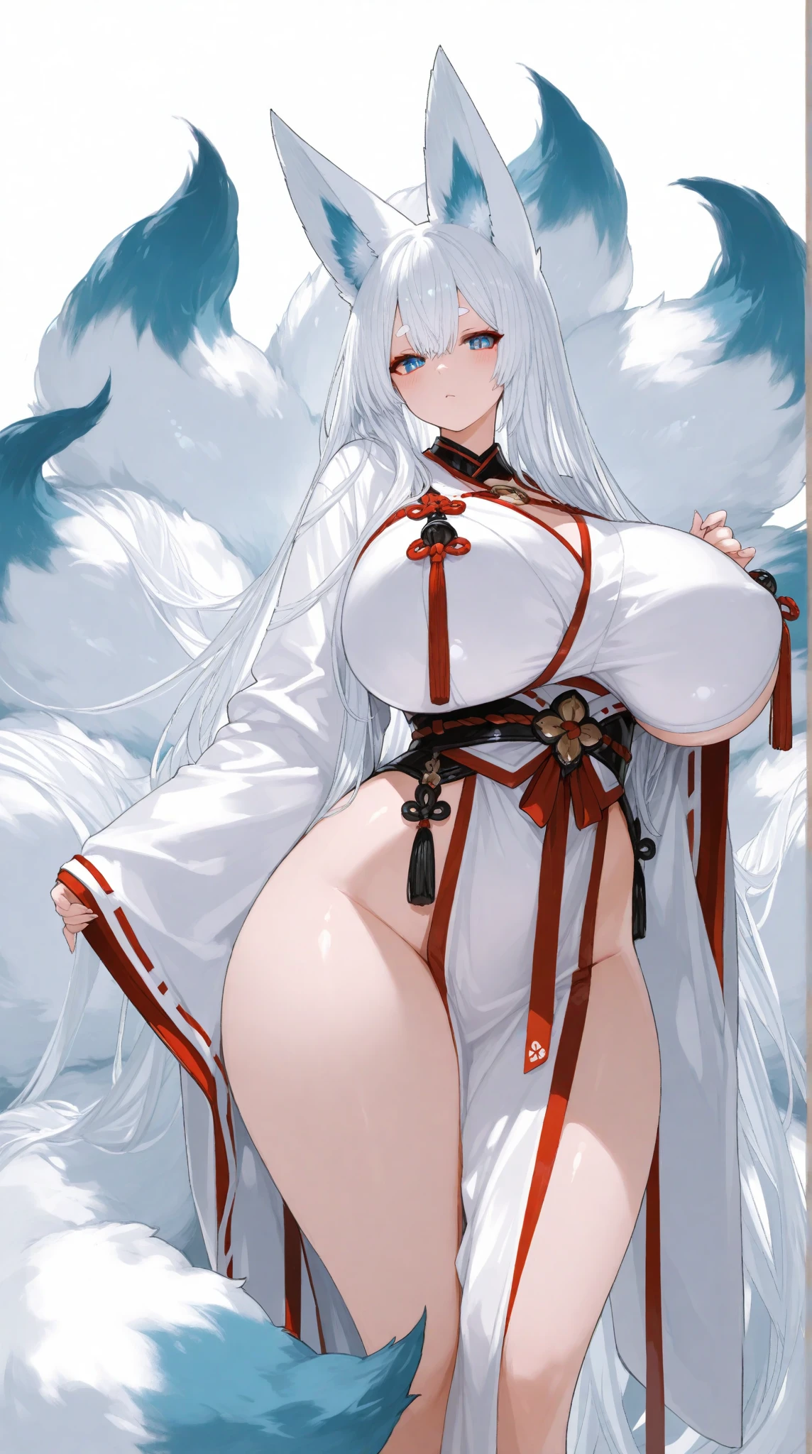 (masterpiece, best quality, perfect face, (beautiful and aesthetic:1.2), extremely detailed, highest detailed face), (beautiful kitsune lady, (long white hair:1.4), (red eyes:1.2), (flawless pale skin:1.3), fake breasts, (narrow waist), (fox ears:1.2), (thicc thighs), wide hips, long legs), (slender body:1.2), ((wearing kimono)), ((night:1.4), (sexy pin-up pose:1.3), (high quality, hyperrealistic, CG, unity, 4k),