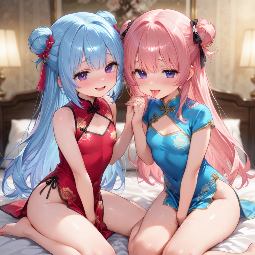 Two college girls、Cheongsam that adheres to the skin、Sheer cheongsam:1.9、Chinese dress that shows off your body line、vinyl cheongsam dress、Transparent、big breasts、アニメbig breasts、underboob、underboob:1.9、obscenely large breasts、erect nipples、Voluminous bun-shaped twin tails、smile、white fishnet tights、full body shot、focus on crotch、angle from below、Angle to see the face from directly below:1.9、Seductive panties with detailed decoration、put your hands behind your head、bold spread legs、beautiful eyes、long eyelashes、walk through the rose garden、Lakeside、2 Maidens:1.9、lean against each other's chests、Detailed ornamental hair ornament、pink costume、胸の谷間とunderboobが見えるチャイナドレス:1.9、Shangri-La、Hanabubuki、Grabbing each other's breasts