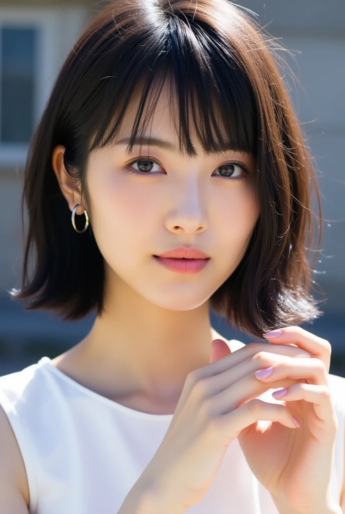 (Very realistic photos, concentrate、High resolution, Detailed face, Beautiful Eyes), ((Photographed in front of a white wall))、Japanese women, 20-year-old, various expressions, Upper Body、alone:1, Slim figure, Mr.々Hair style,Black sheer top、Only one person is in the photo、Photographed in natural light、Simple Necklace、Bob Hair、Shortcuts、Looking into the camera((Shooting from the side))