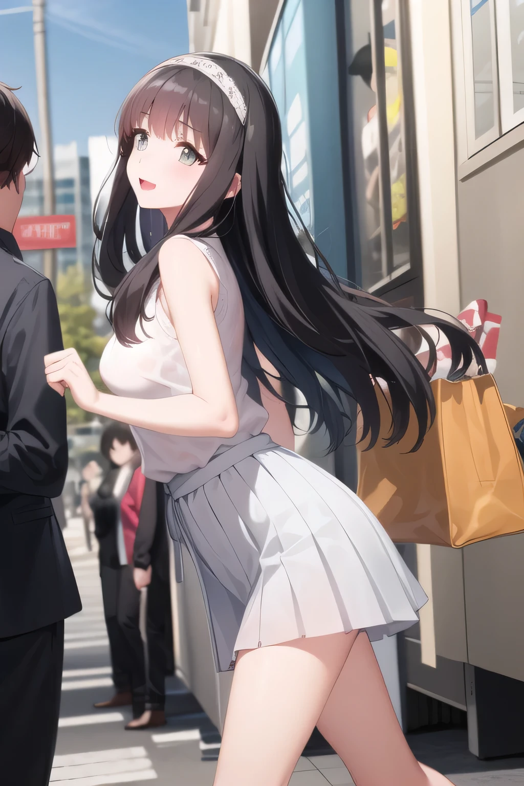 in full color CG I definitely need a face,long black hair，white hair band，，pleated mini skirtミニスカート，accurate hand and foot expressions，my nipples are sharp、、wet in the rain, It becomes transparent  ,draw a lovely woman smiling,dark blue pleated skirt,Please draw her expression more delicately，Walking Alone，      city tour      ,，（（（She's a casual tourist））），   ,（Let's draw a more delicate look），（sleeveless wool sweater），（ pleated mini skirt，white panties），（That job is enough for 1 person  ,    Picture an attractive 20-year-old woman jumping out of her uniform,                     ,   Big breasts, Thin Waist ， ,   ，