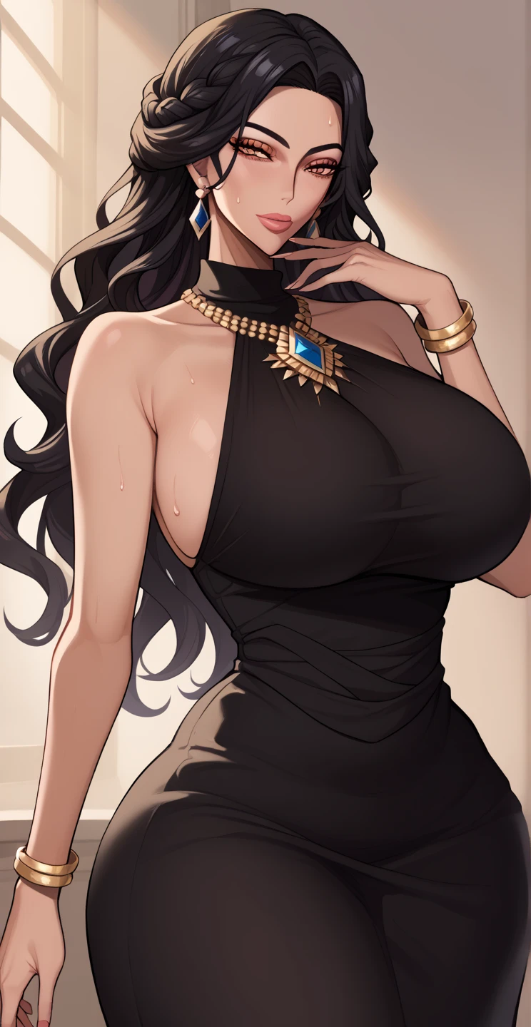 girl, With big breasts, exotic dress with matte black gold details 