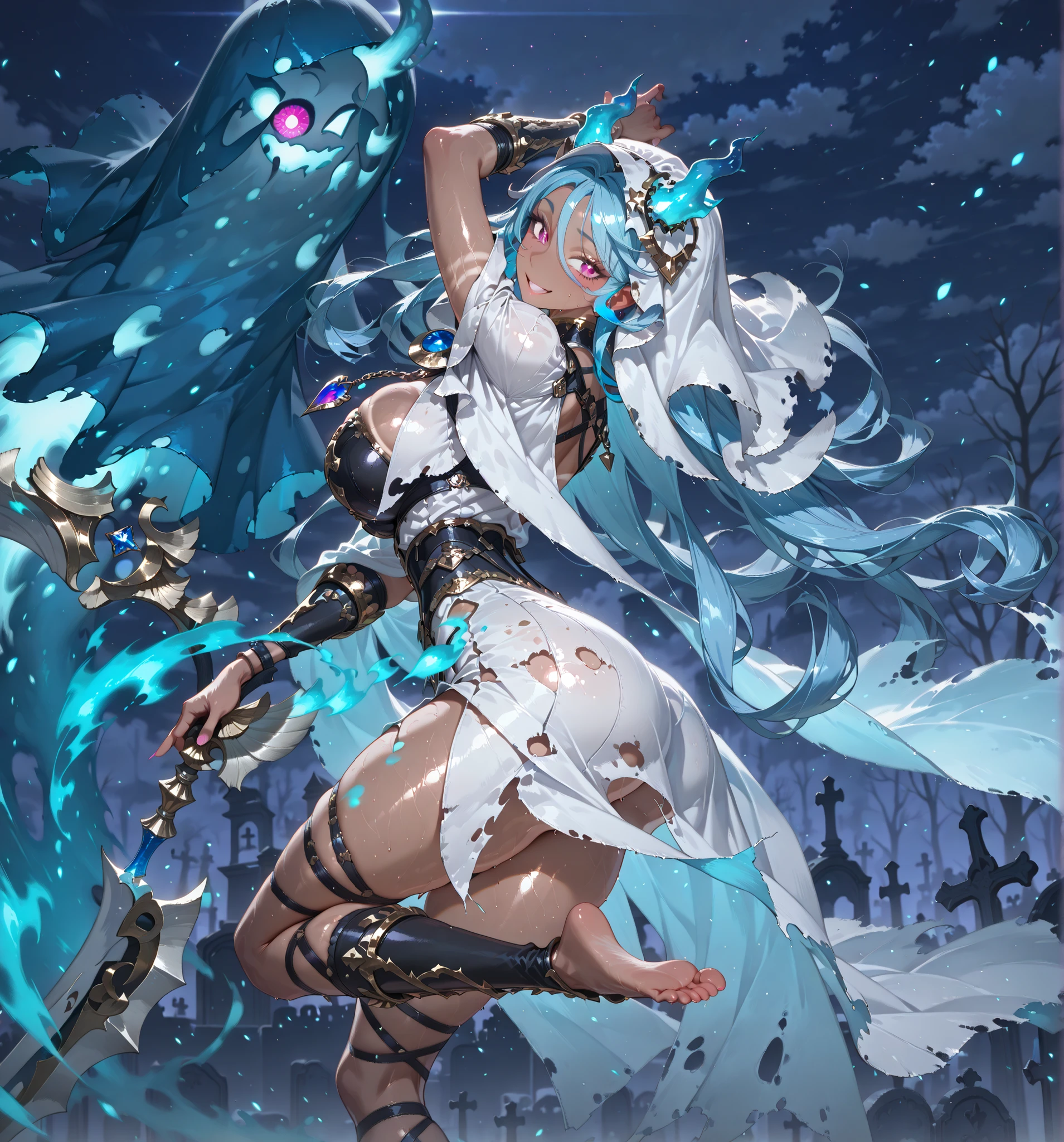 shenhe_\(genshin_impact\), hiten kei style, claude monet, oil painting, masterpiece, hyper realistic, realistic skin, best quality, 1girl, dark forest, enchanted, wuwang hills, eerie, floating orbs, huge breasts, huge nipples, erect nipples, looking at another, topless, full body, vector illustration, nipples, serious, on guard, holding a spear, fighting stance, blunt bangs, long hair, stomach, navel, bare shoulders, white hair, braided, wet, soaked, enchanted, midnight, loincloth, black pantyhose, red tassel, dead trees, foggy, enchanted, talismans, wet body, open mouth, relaxing, standing, combat stance, spirits, ghosts