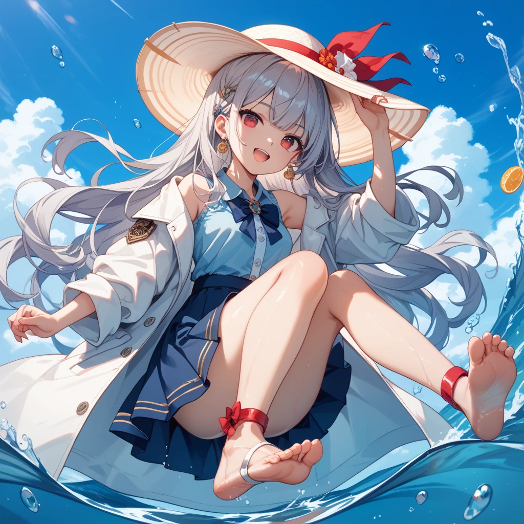 huge，High school girl with red eyes and white hair，In sailor suit