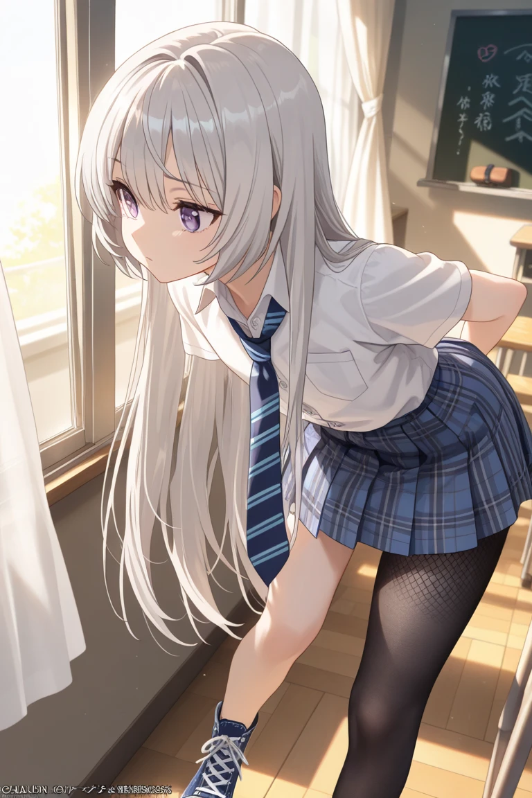 (masterpiece, top quality, high resolution, illustrations, perfect anatomy), 1 girl, solo, ((Cute Chibi Girl: 1.5), Cute pose, floor), (gray hair, long straight hair, bangs, white uniform, cute blue eyes, white skirt, bulk ribbon, black legs: 1.3), (very thin, thin waist),