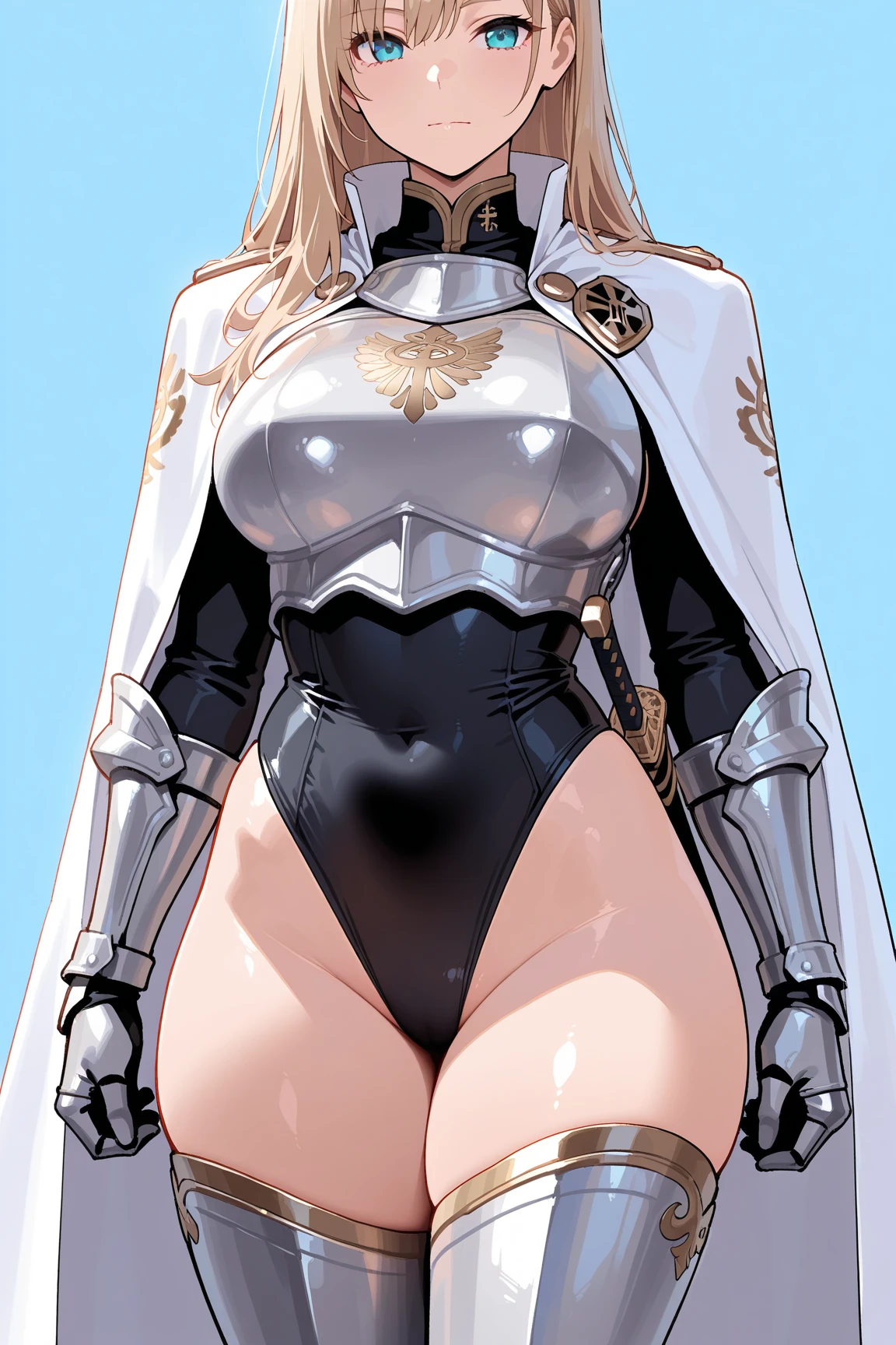 (Female Alexis Texas chest covered wearing Emma Frost outfits)(smile) pale golden hair and yellow eyes. clothing white and silver with cloaks of deep blue or purple, huge knockers ((very precise detailed)) ((high res) Golden bracers (plain background) (perfect body and face) hands on hips