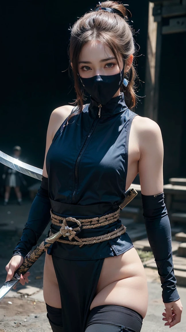 (was:1.3、((A female ninja standing in a fighting position with a weapon in the forest:1.5)、With background)、(Female ninja with a sword:1.5)、cameltoe)、(Realistic、Like a photograph、Live Action、8k, Realistic, RAW Photos, Best image quality: 1.4), Single-lens reflex camera、RAW Photos, Highest quality, Realistic, Highly detailed CG Unity 8k wallpaper, Written boundary depth, Cinematic Light, Lens flare, Ray Tracing, Realistic background、(kunoichi:1.4、White floral kimono::1.2、skirtlift、Black panties)、Grey Hair、short hair、Short Ponytail、((Ultra-Dense Skin))、 1 girl,Cute Kunoichi、(whole body:1.5)、I like that style、Pay attention to the details、Perfect outfit、(White skin)、Accurate Arm、Accurate feet、Beautiful legs、Precise thighs、Anatomically correct body、(View from below)