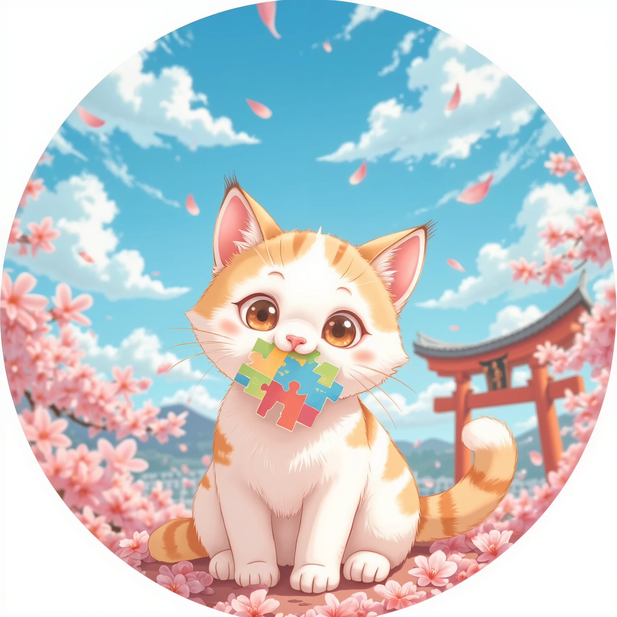 A cute traditional Japanese cat with white and light brown fur, sitting under a bright blue sky with fluffy clouds, gently tilting its head and looking at the viewer with big curious eyes. The cat is holding a colorful jigsaw puzzle piece in its mouth. The background features subtle Japanese elements, such as a torii gate, sakura petals, or a distant pagoda, all in soft pastel tones. The style is warm, hand-drawn or anime-inspired, with a peaceful, traditional Japanese mood. The composition is centered, ideal for an Etsy shop icon (square or round frame).