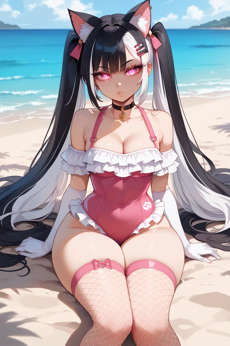 4K,teens girl,cute  face,Long black hair,Black eyes,Blush,mediuml breasts,a rabbit headdress,Split cheongsam,White suspender stockings,Pink high heels,full bodyesbian,On the seaside,The edges are illuminated