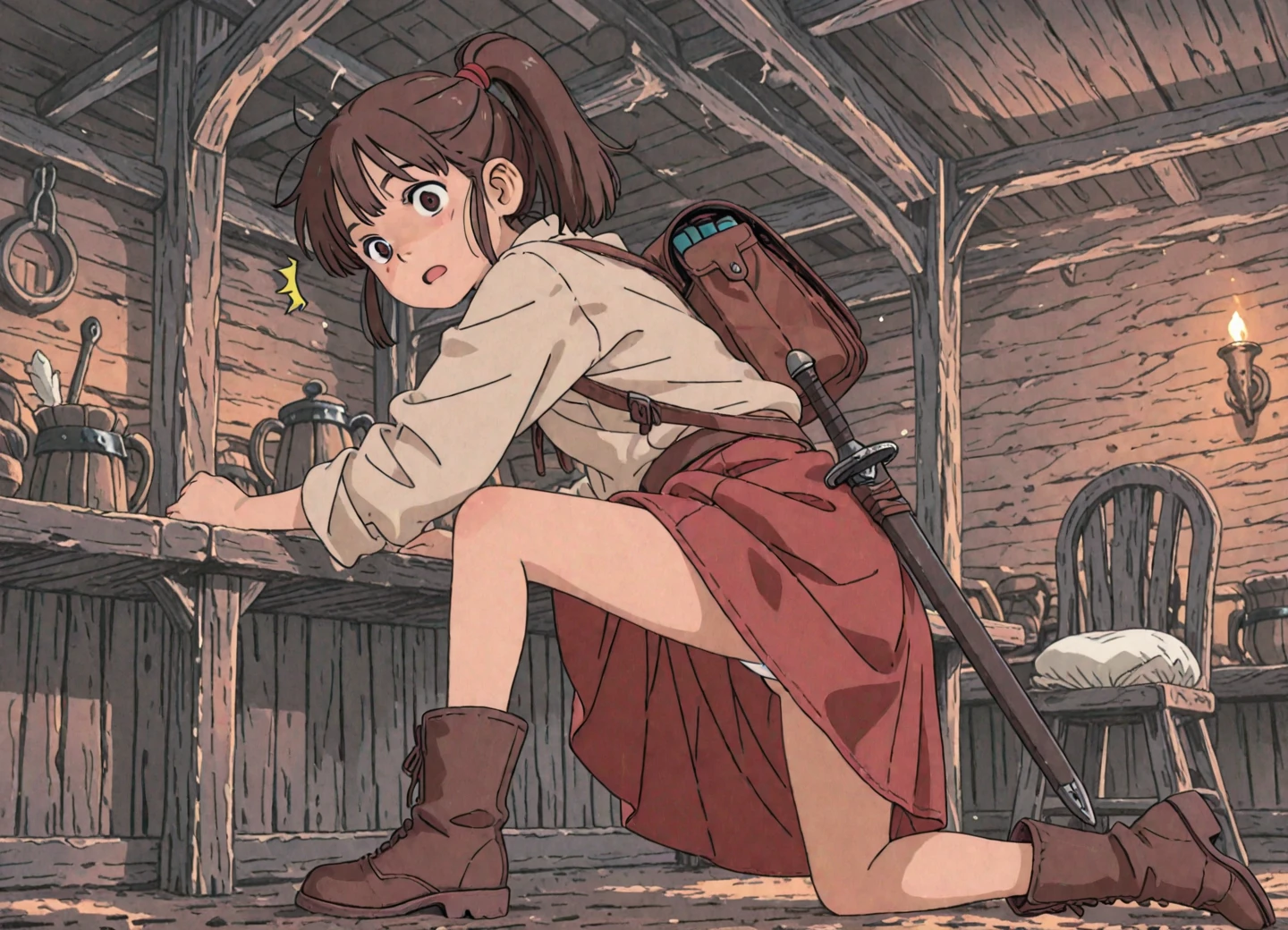 A Female robot grabs her ass, spread legs, nude, banzai pose. she wears no dress. She Brown short hair is tied with two big red clothespins, She lifts up the under hem of her white plain dress, leaning over, masterpiece, very short pigtails,brown hair, mature, android, blue eyes, full body figure, Height: 160cm, flushed cheeks, 2020s anime picture, A beautiful robot with short brown hair in two short pigtails held up by two very large huge red clothespins, Uplifting, No NSFW, whole body, barefoot, archaic smile, getting orgasm, 25 years old, sweat bucket. short sleeve shirt, pleated skirt, beautiful scenery, evening, skirt lift, no panties, genitals visible, full body shot, sexy face. between mirrors, floating hair, looking away. She wears hot pants. She has broken hardly by enemy. 