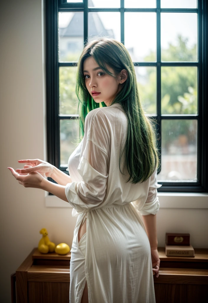 (8k, RAW photos, top quality, masterpieces: 1.2), high definition RAW color photos, professional photos, (realistic, realistic photos: 1.37), cinematic lights, 1 girl, beautiful face, (green hair), slim body, perfect body, slender abs, (perfect ass, ass focus: 1.2)