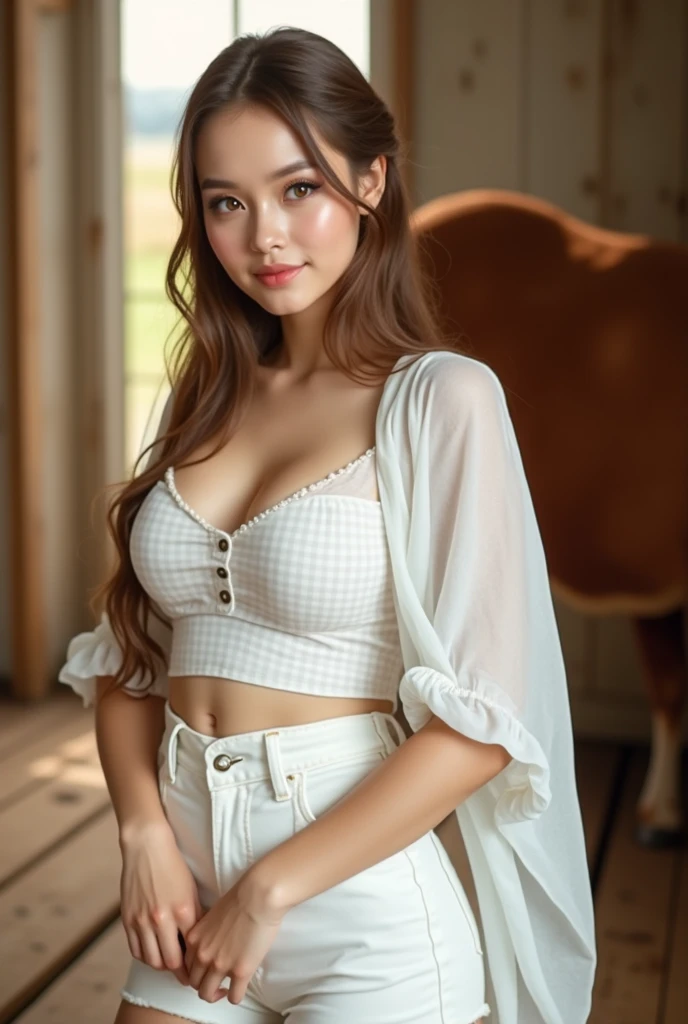 (surreal), (illustration), (high resolution), (8K), ((extremely detailed)), (best illustration),(((beautiful detailed round eyes))), (sexy eyes),(sexy smile), (best quality), (super detailed), (masterpiece), (detailed face), solo,1girl,(small round breasts), ((Halter top)),((Transparent top)),((cleavage)),((yoga pants, black)),(tight top),(tight pants),(Seductive body: 1.2),(long curly hair, gray),((Super detailed lips)), ((Brown eyes)),(full body 1.3),(((white horse))),((girl , horseback riding)),((mountain)),(forest),((farm)),(((full body 1.4))).