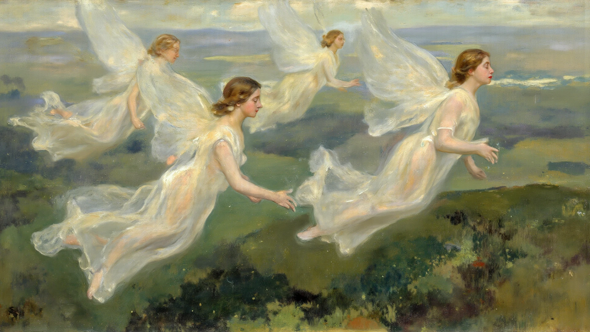 a painting of a group of naked women in a pond with swans, by Julius Klinger, symbolist painting, by Randolph Schwabe, jean henri gaston giraud, inspired by Paul Émile Chabas, style of carlos schwabe, by Eugène Burnand, by Carlos Schwabe, by Paul Émile Chabas