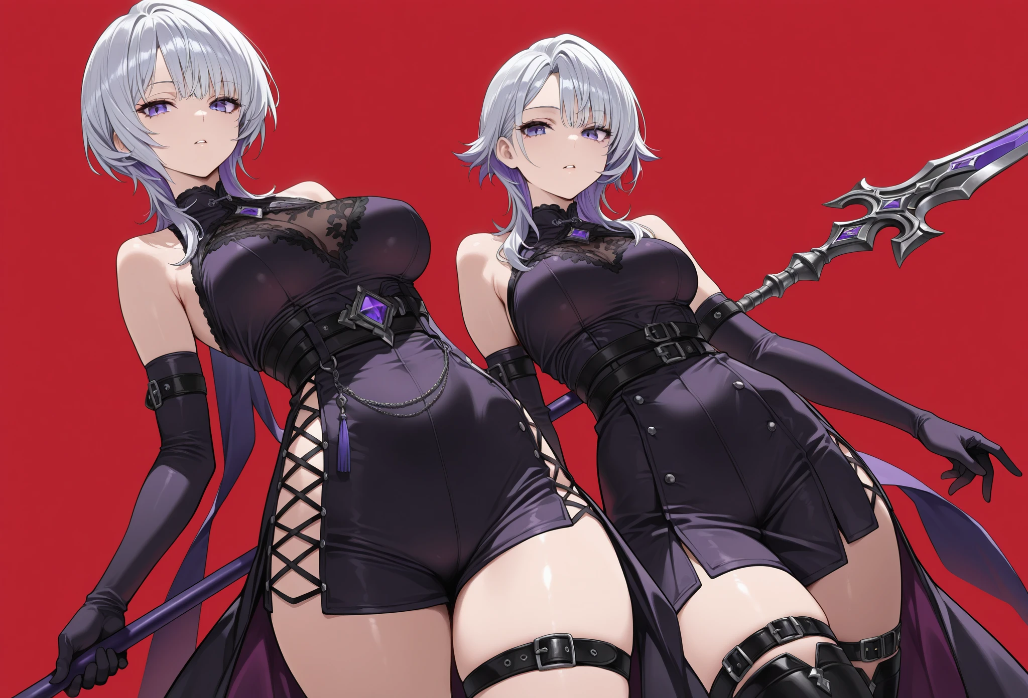 Goth girl with short white hair, showing off goods. Spreading legs. No panties.