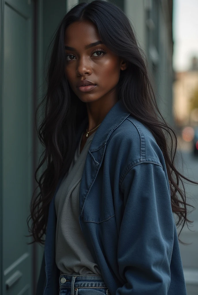 the best photo, the most realistic ,Clareza 4K, black female , black hair with long length ,age 25 ,White cotton shirt , Delicate face, long hair, ebony skin ,jeans .the woman is distracted(not looking at the picture ) and in the background there is a forest with bushes