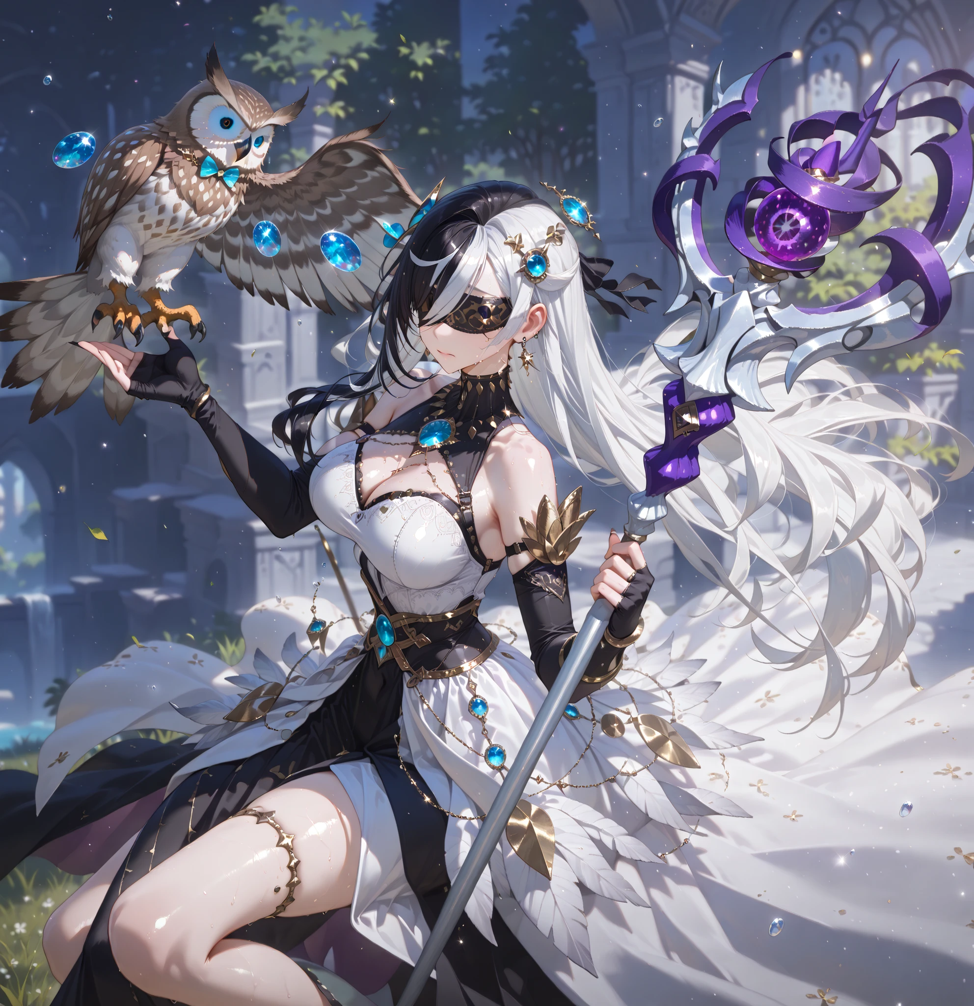 (SuperQuality:1.0) ~ (SuperQuality:1.2), detailxl, 1girl, High Resolution, Best Quality, High Details, Super Detailed, detailed background, white hair, black split dye hair, covered eyes, dress, staff, owl, hair ornament, jewellery,