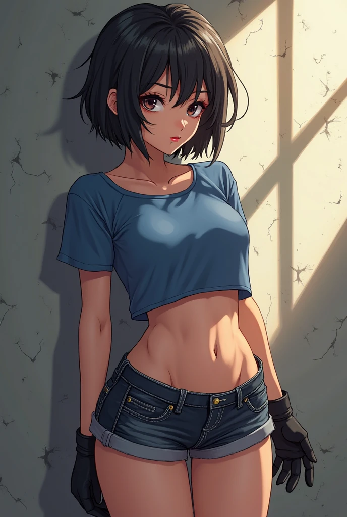 A girl wearing denim hot pants and brown tattered short-sleeves，He wears black stockings on his legs，Exposing the abdomen，The figure is good，The head is not exposed，[ 4K realism ]!!, [ 4K realism ]!!!, [ 4K digital art ]!!, Realistic shadow perfect body, realisticlying!!!!!!! art-style, photorealistic anime, by Shitao, Popular topics on cgstation, Casual pose, realistic anime 3D style