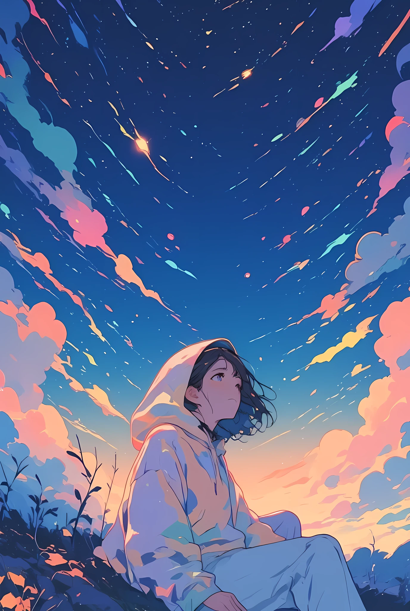 The image depicts a young person lying down, peacefully gazing up at a star-filled night sky, rendered in a soft pastel pop art anime style that adds a dreamy, cozy charm to the scene. The person wears a light-colored hoodie, now shaded in gentle hues of peach, cream, and baby blue, catching the glow of the stars above. The night sky stretches endlessly in a deep yet soft navy, sprinkled with twinkling stars and streaks of pastel light—like glowing lavender, pale pink, and mint green shooting stars—creating a magical, almost surreal ambiance. Wispy clouds drift lazily across the sky, lightly tinted in moonlit tones, enhancing the ethereal feeling. The overall atmosphere is serene and contemplative, with a quiet coziness—like lying under a blanket of stars, wrapped in silence, awe, and soft evening air