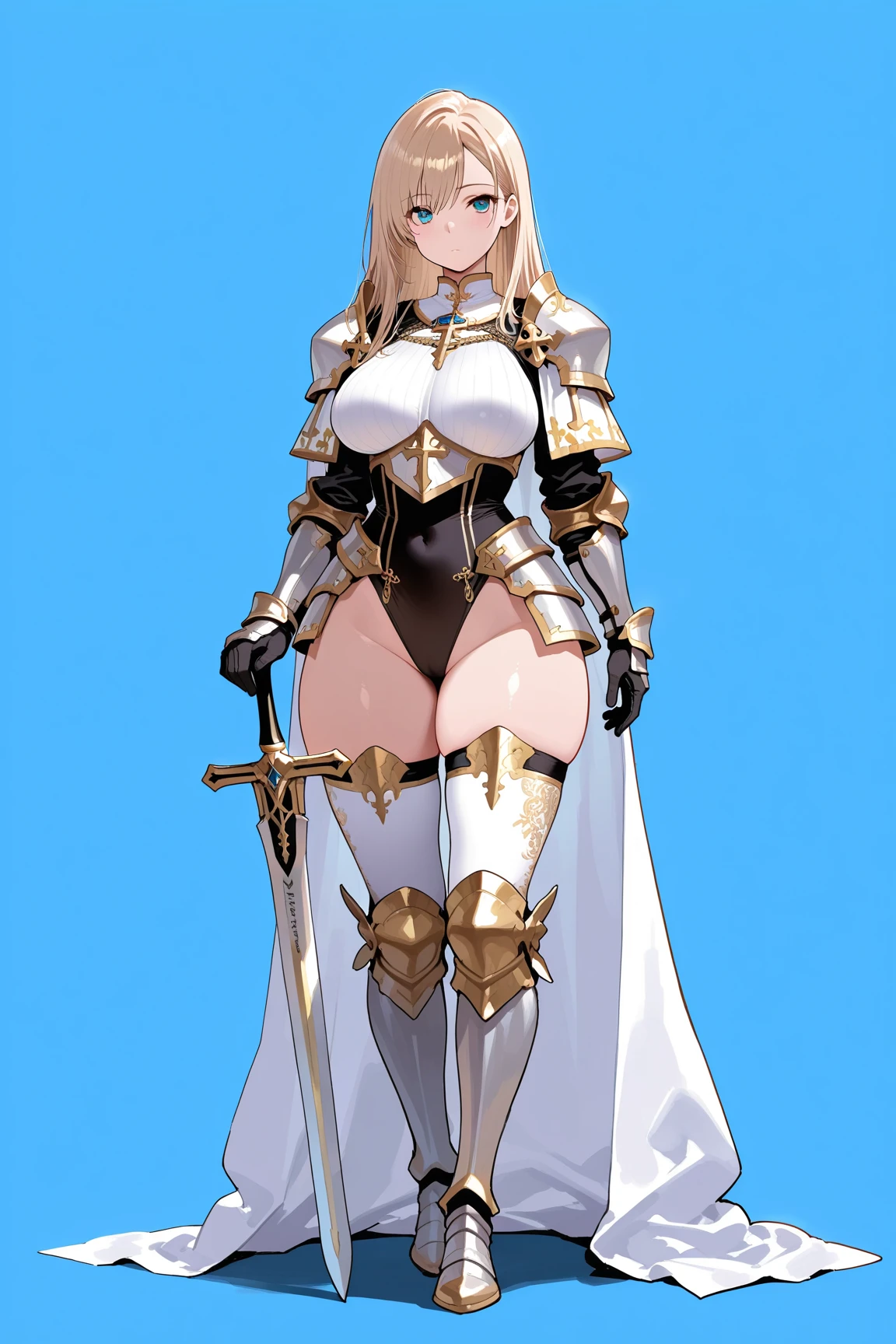 masterpiece, best quality, 1girl, breasts, solo, blonde-hair, blue-eyes, pelvic-curtain, navel, armor, large-breasts, ponytail, cape, cleavage, gloves, weapon, looking-at-viewer, smile, boots, fingerless-gloves, full-body, very-long-hair, standing, revealing-clothes, bikini-armor, black-gloves, fur-trim, simple-background, thighhighs, stomach, hand-on-hip, gauntlets, shoulder-armor, hair-bow, closed-mouth, bow, high-heels, midriff, armored-boots, hand-up, thigh-boots, thighs, ribbon, hair-between-eyes, v-shaped-eyebrows, blush, hair-ribbon, sheath