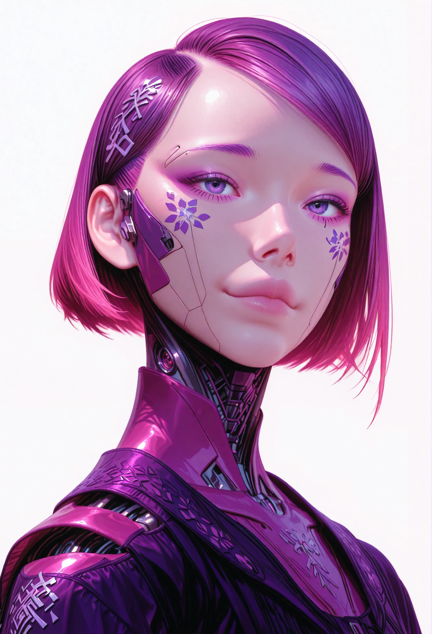 DOPE CYBERPUNK ANIME JAPAN ANDROID GIRL FEMALE V ON THE WHITE BACKGROUND, FULL OF DETAILS, CHARISMATIC, INTELIGENT RED PINK PURPLE, REBEL, work of art, best qualityer, 8k, extremely detaild,anime styling