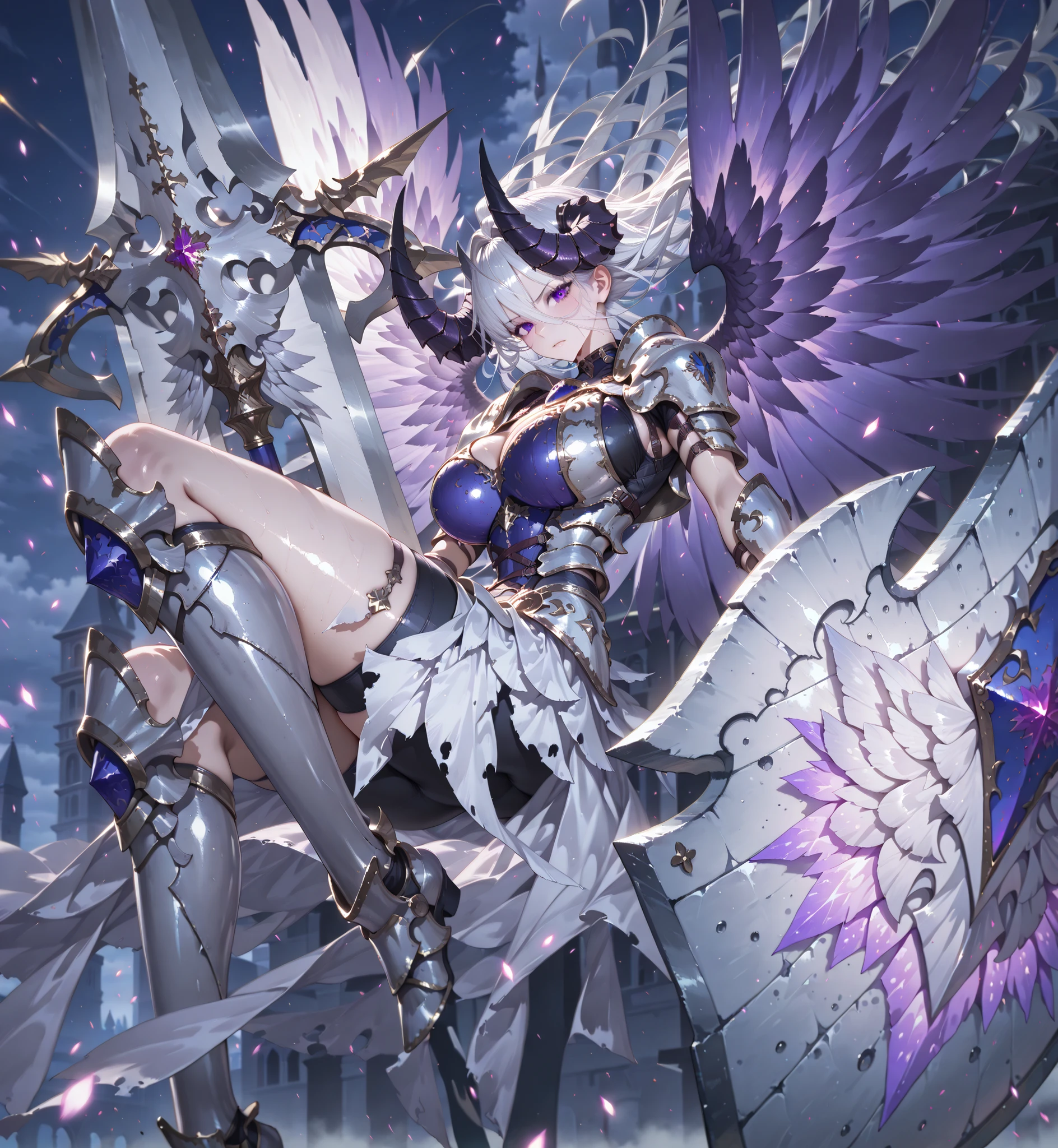 (SuperQuality:1.0) ~ (SuperQuality:1.2), detailxl, 1girl, High Resolution, Best Quality, High Details, Super Detailed, detailed background, white hair, horns, purple eyes, wings, shield, weapon, armor, full body,