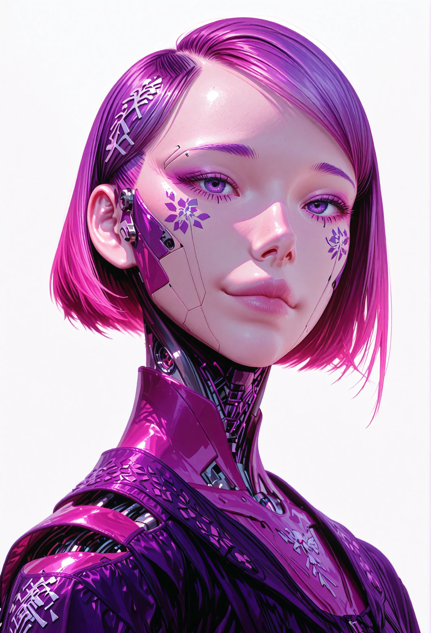 DOPE CYBERPUNK ANIME JAPAN ANDROID GIRL FEMALE V ON THE WHITE BACKGROUND, FULL OF DETAILS, CHARISMATIC, INTELIGENT RED PINK PURPLE, REBEL, work of art, best qualityer, 8k, extremely detaild,anime styling