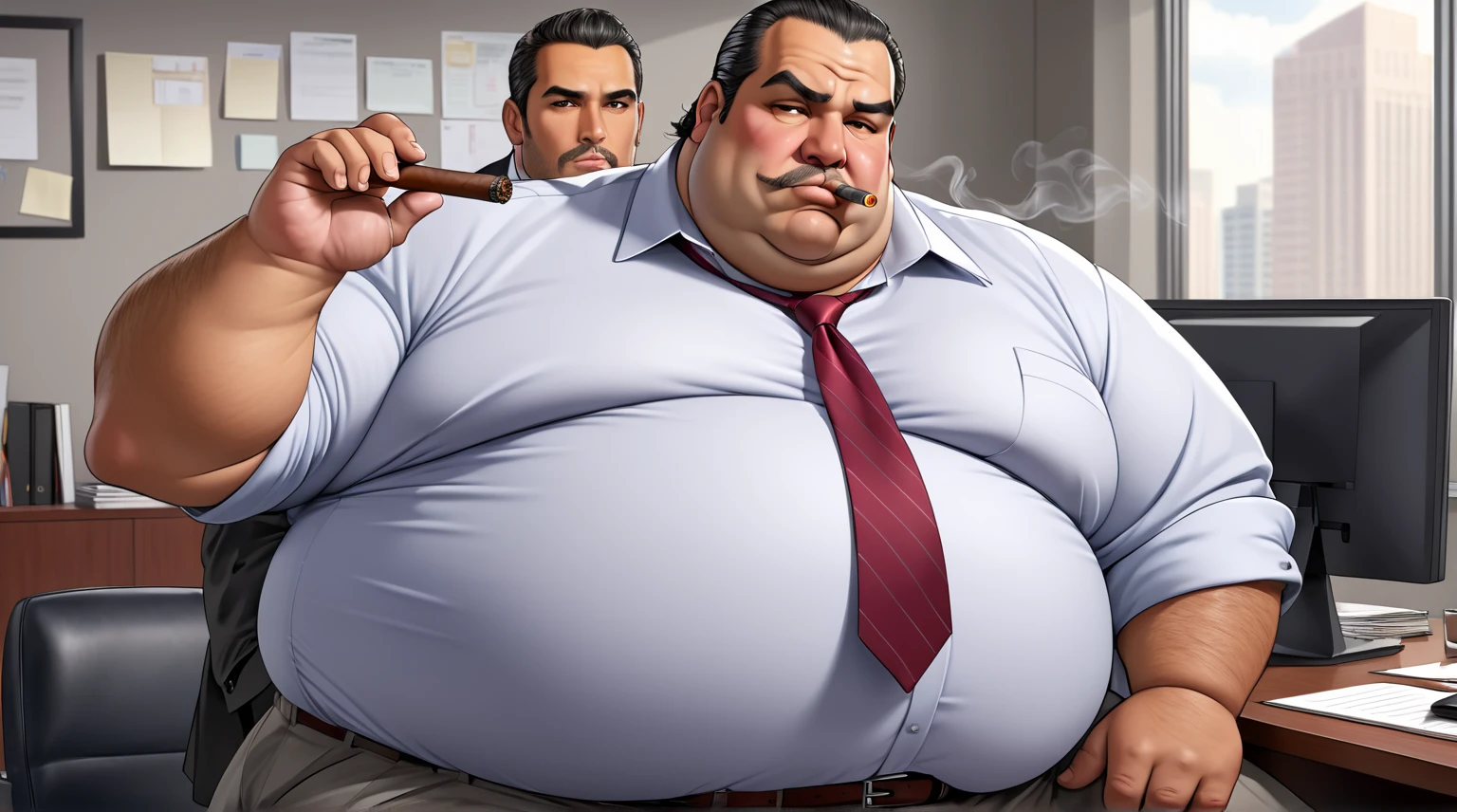 close up 1man in(handsome mature man plump chubby morbid extremely thick thighs bulging belly fat), older man, gray hair, white man, ( wearing,boots,stubble,police chief,bage,beard,old man,indoors,necktie,sitting,spread legs,), bulge, detailed glade on clothing, (fat and corpulent: 1.3), full beard very long, looking at the viewer, handsome man, detailed eyes, symmetrical face, mischievous smile, robust, mustache, longer hair, his body is lying sideways on the floor, front view.), (crossing arms: 1.22), (detailed living room background:1.1), on a couch, chilling, 4k textures, soft light, elegant, highly detailed, sharp focus, soothing tones, insane details, intricate details, hyperdetailed, low contrast, exposure blend, hdr, faded、Expressões faciais detalhadas、(Obra de arte),mais alta qualidade,excelente anatomia、、atmosfera escura geral
