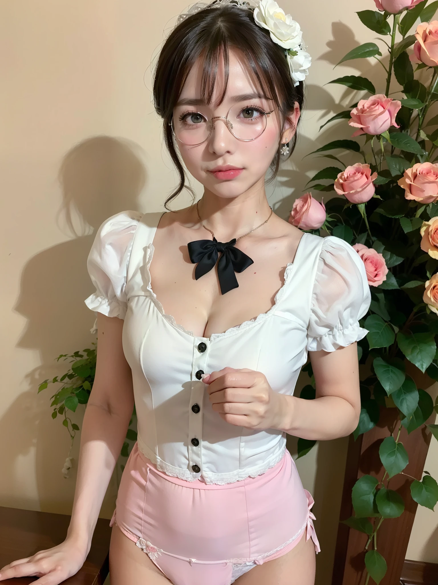 best quality:1.2, masterpiece:1.1, hyper detailed, 8k, RAW photo, photo-realistic, realistic,
extremely detailed eyes and face, eyes with beautiful details,
ultra-detailed face, finely detailed skin, shiny skin, fair skin,
physically-based rendering, cinematic lighting,
sharp focus, depth of field,
BREAK,
solo, 1 beautiful woman, japanese woman, milf, mature female,
37 year old woman,
big breasts, pointy breasts, cherry pink puffy nipples, cherry pink large areolae,
narrow waist, thicker thighs, long legs, slender,
BREAK,
(chignon:1.2),
black hair,
black eyes, double eyelids,
natural make up,
black long eyelashes, mascara, eyeliner, (eyeshadow:0.9), (cherry pink lip:0.9),
burgundy fingernails,
BREAK,
(black pantyhose:1.2), (thighband pantyhose),
black high heels,
black tight front-hook lace bra, erect nipples,
black tight g-string, cameltoe,
(barrel type glasses), circle earrings, Wristwatch on left arm, wedding ring,
hairclip,
BREAK,
(sweat), (wet), (pussy juice),
(looking at viewer), happy, seductive smile,
sexy pose, sensual pose, walking,
starry sky, ((midnight, outdoor)), morioka, iwate, japan, neon sign, neon city,
cherry blossom,
BREAK,