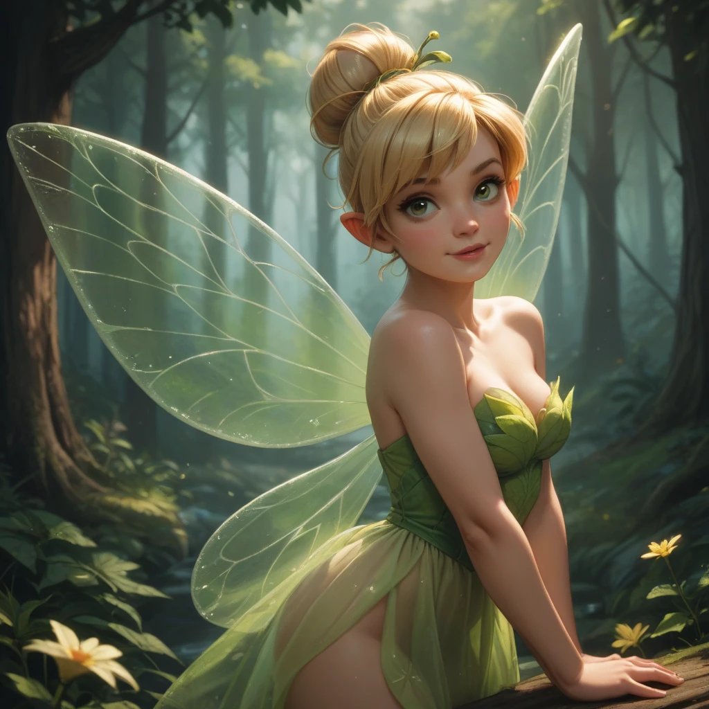 tinker bell nude at the florest, open legs, pubic hair, fairy, medieval fantasy, wings, green socks walt disney