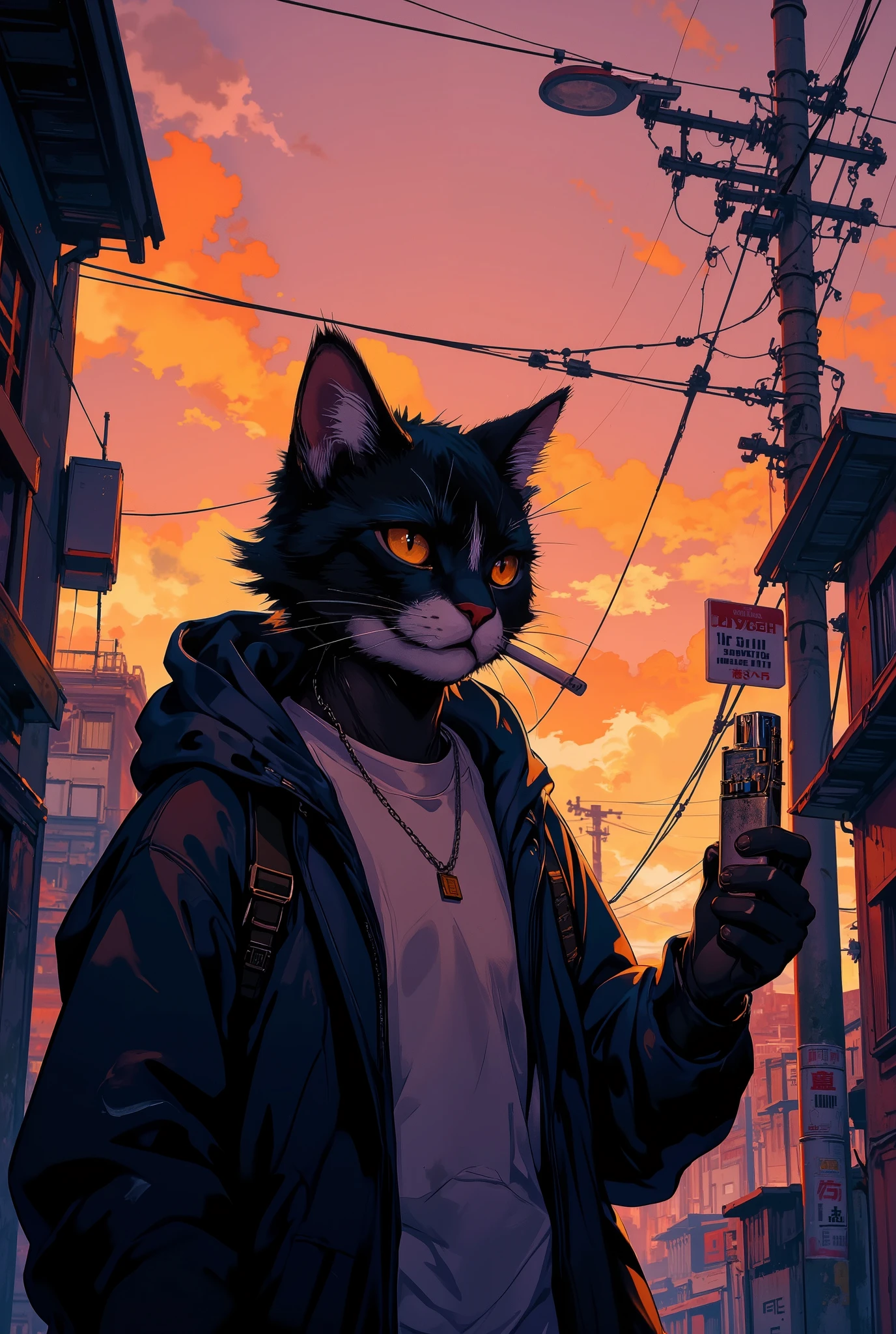 POV view, cinematic illustration of a humanoid cat with a cigarette in its mouth, not lit, standing casually in a quiet back alley during sunset, the cat is holding out a slightly crumpled cigarette pack and a scratched metal lighter toward the viewer with a laid-back expression, wearing a loose shirt and unzipped hoodie, background filled with orange-pink sky, dimly glowing streetlights, and power lines silhouetted against the dusk, subtle haze and warm lighting, semi-realistic anime style, high detail, whimsical atmosphere, best quality