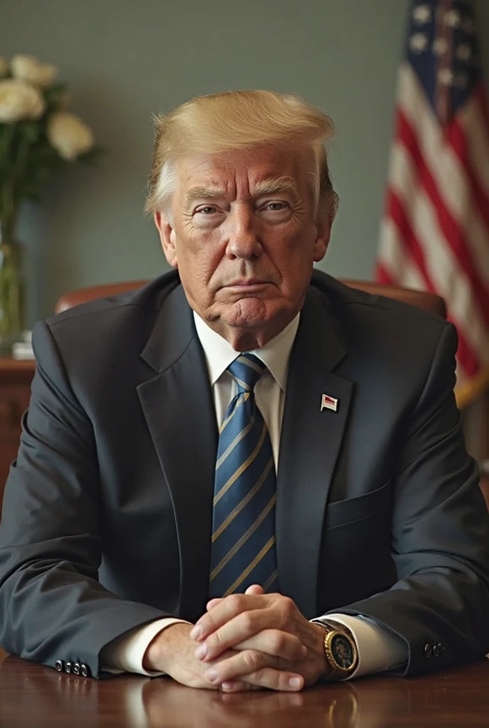 donald trump sitting in office in white house, f16, 8k resolution, sony FX6, 50mm