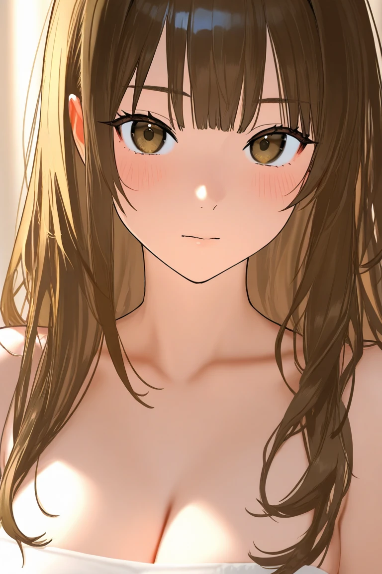 ((masterpiece)), ((best quality)), (detailed), ((adult women)), ((light brown skin)), (medium wavy hair), forehead, (light brown hair), large breasts, photograph, beautiful detailed face, detailed eyes, (topless), (nsfw), (vulgarity:1.1)